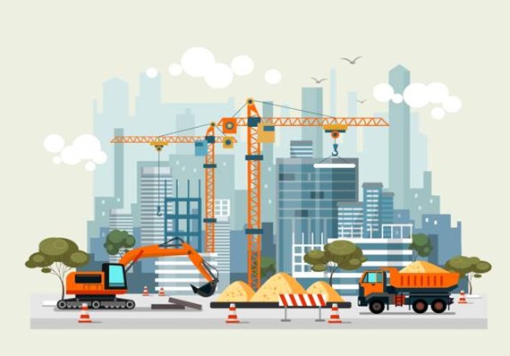 City construction work process with machines vector illustration. Engineers with building cranes and cement trucks flat style. Project of residential houses concept